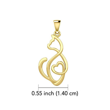 Running Cat with Heart 14K Yellow Gold Pendant GPD5280 - Jewelry
